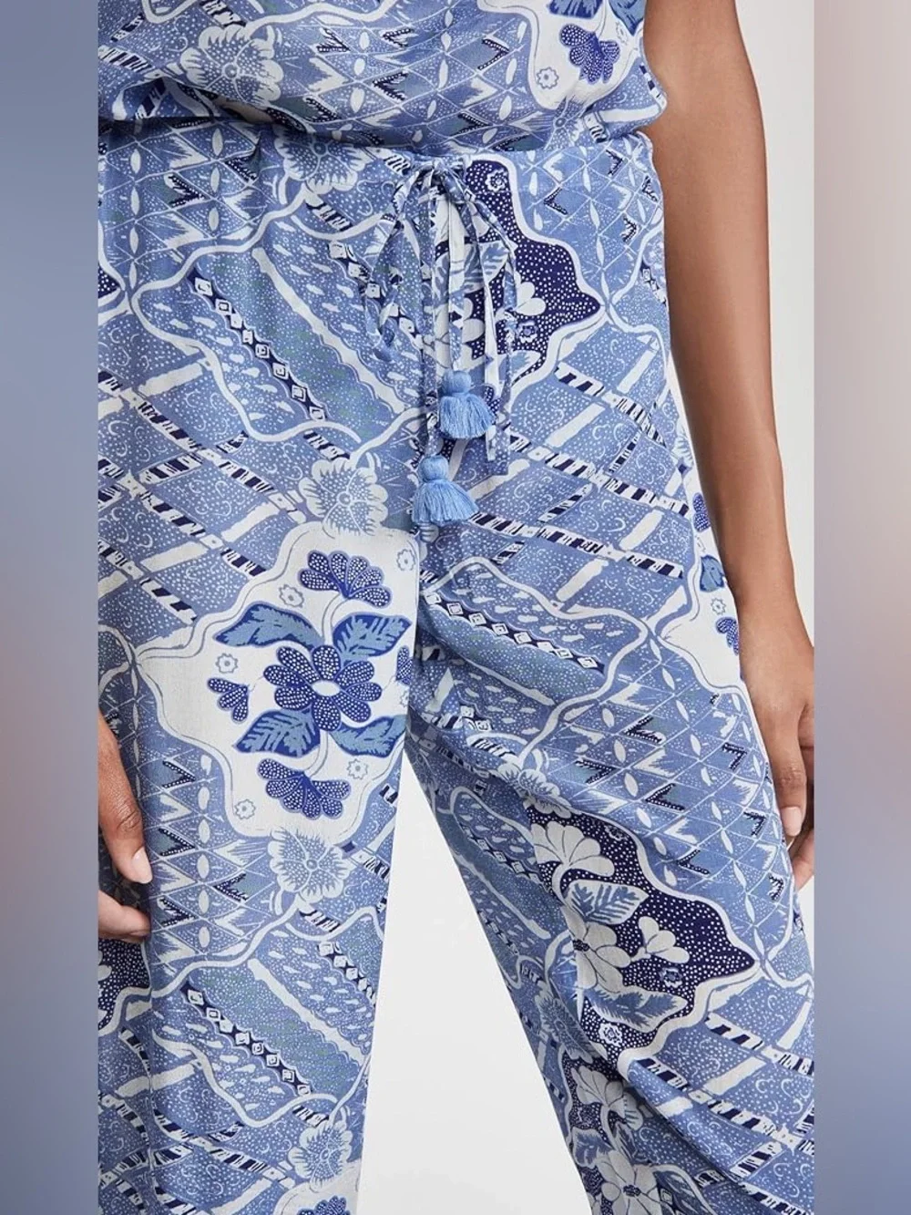 Figue Goa Drawstring Blue Wide Leg Pants Size L‎ Cropped High Rise Pompoms Trim